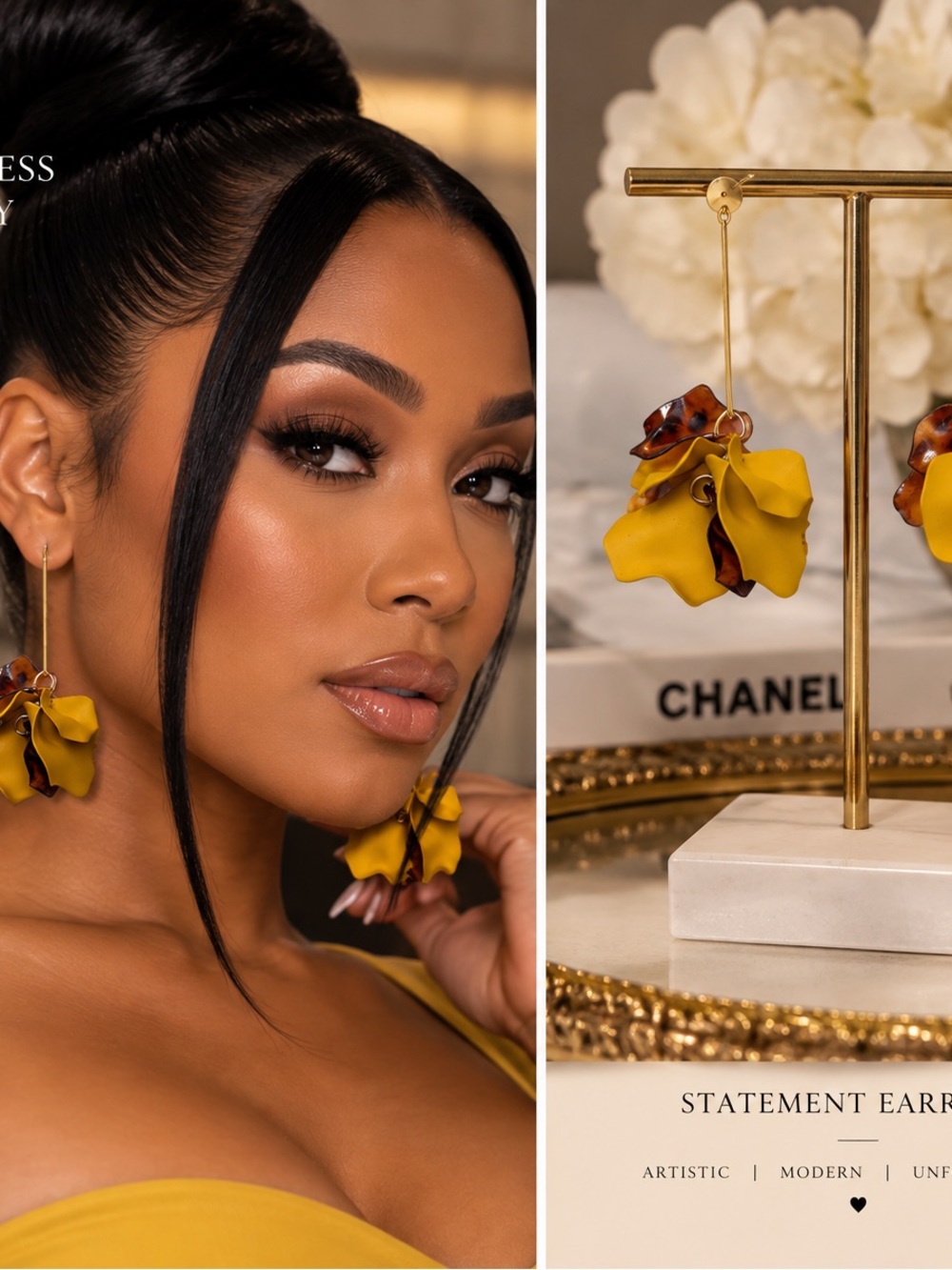Yellow Floral Drop Earrings with Tortoiseshell Accents